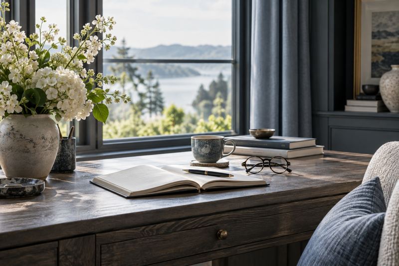 A writing desk beside a bright window
