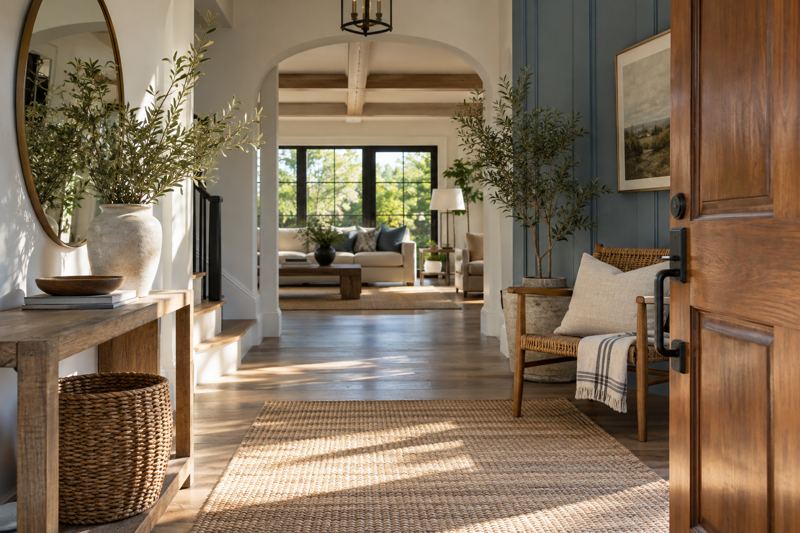 A sunlit home entryway with an open wooden door